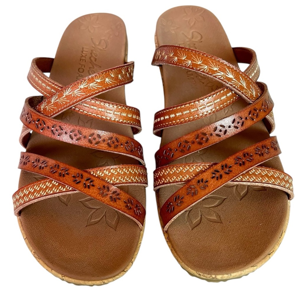 Skechers NWT Luxe Foam Strappy Leather Cork Wedge Sandals Brown Tan, Sz 7.5